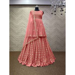 DESIGNER GEORGETTE EMBROIDERY SEQUENCE WORK <b>TOP</b> LEHENGA WITH DUPATTA <b>PEACH</b> - Product Image 1