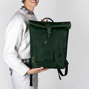 Symmetrical Design Leather <b>Roll</b> Top <b>Backpack</b> Clean Cut Rucksack For Minimalist Lovers Real Leather Bag LRTB-0187 - Product Image 6