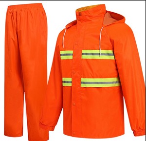 Traje de trabajo impermeable de alta visibilidad con rayas reflectantes naranjas, conjunto unisex de chaqueta y pantalones de poliéster - Product Image 6