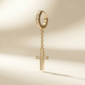 RAAMAA Boucles d'oreilles clous pendantes pour homme, plaqué or 10k/14k/18k, croix religieuse incrustée de diamants taille brillant, style Huggie, diamant surélevé - Product Image 2