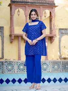 Salwar Kameez con Estampado de Brillantina Azul, Ropa Casual Tradicional India y Pakistaní para Mujer, Corte Regular, Largo hasta el Tobillo, Poliéster - Product Image 1