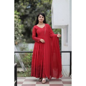 Vestido Largo Liso FAMCY GEORGETTE con Dupatta Rojo - Product Image 1
