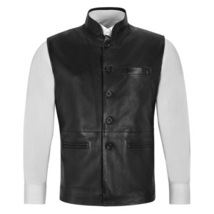 Custom 100% Genuine Napa Leather <b>Men's</b> <b>Waistcoat</b> Mandarin Collar <b>Indian</b> Ethnic Wedding Vest Private Label Wholesale Supplier - Product Image 1