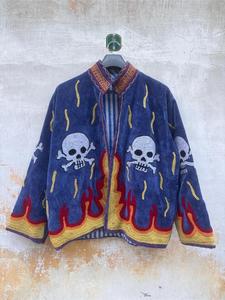 Premium Blue <b>Velvet</b> Skull Embroidered Suzani <b>Jacket</b> With Flame Pattern Full Sleeve Stand Collar Handmade Autumn Outerwear - Product Image 2