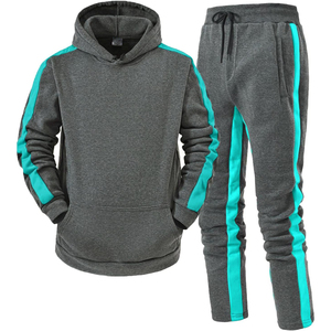 Survêtement unisexe gris à capuche avec rayures turquoise, manches longues, vêtement décontracté d'automne, matière respirante en polyester et coton - Product Image 3