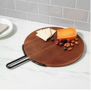 Stylish <b>Round</b> Wooden Serving Tray with <b>Black</b> Handles for Cheese and Snacks Elegant Kitchen Accessory - Product Image 1
