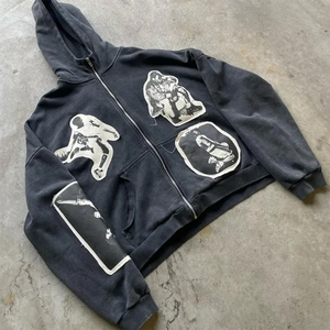 Unisex Custom LOGO High Quality Patch Embroidery Faded Fleece Distressed Double <b>Zip</b> Acid Wash Oversized <b>Pocket</b> <b>Hoodie</b> - Product Image 2