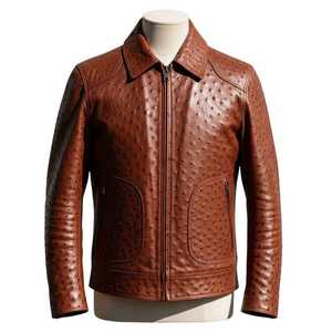 Veste en cuir d'autruche marron gaufré pour homme, style motard, fermeture éclair, col rabattable, vêtement d'hiver, personnalisation disponible - Product Image 1