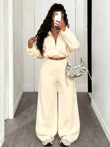 Trendy Drawcord Cropped Zip-Up <b>Jacket</b> Set Oversized Hoodies Stand Collar Adjustable Joggers Set Custom Casual Autumn Winter Wear - Product Image 5
