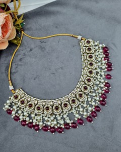 Handcrafted Round Stone Heavy Choker Necklace With Earrings And Mangtika Traditional Ethnic Designer Fashion <b>Jewellery</b> Wholesale - Product Image 3