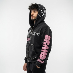 Custom Unisex Black Distressed Zip Hoodie Y2K Streetwear Punk Rhinestone Studded Frayed Hem Cherub Graphic 100% Cotton Oversized - Product Image 3