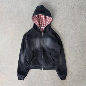 Veste zippée à carreaux pour homme, 100% coton, double couche, tricot gaufré, réversible, avec capuche, streetwear de haute qualité, veste décontractée - Product Image 2