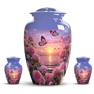 Urne funéraire en aluminium, récipient commémoratif en métal, décoration florale papillon pour l'enterrement d'un adulte - Product Image 4