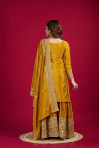 FANCY CHINON SILK EMBROIDERY SEQUENCE WORK TOP SHARARA WITH DUPATTA YELLOW 74743 - Product Image 4