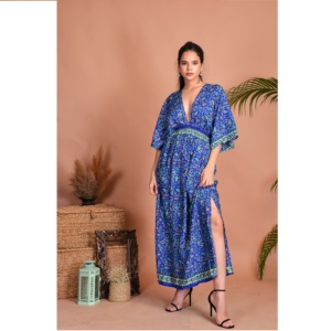 Bohemian Vintage Silk Side Slit Maxi <b>Dresses</b> For Women Recycled Silk V Neck Floral Print <b>Dress</b> for Party Summer Casual Wear - Product Image 1