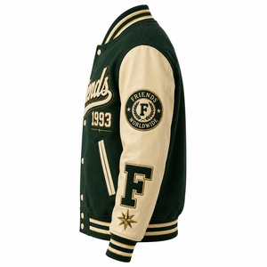 Veste universitaire pour homme, corps vert, manches en cuir crème, patch brodé, style preppy, vêtement d'automne, veste universitaire - Product Image 5