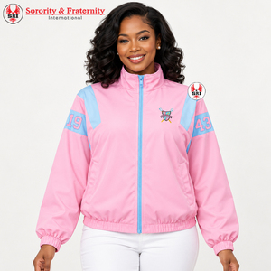Custom Gamma Phi Delta sorority Puffer <b>Jacket</b> <b>Embroidered</b> Logo on Front Pink and Light Blue Color Full Sleeve <b>Jacket</b> <b>For</b> <b>Women</b> - Product Image 6