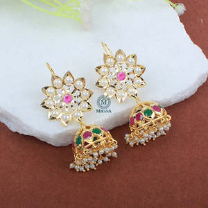 Madhubala Inovamart Gold Plated Brass Jadau Casual Designer Jhumki Drop Earrings for Wedding and Engagement - Product Image 1