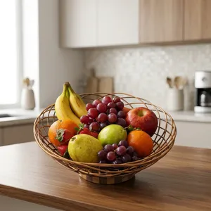 Geometric Wire Fruit Bowl with Wooden Base Copper Finish Modern Decorative Metal <b>Basket</b> Premium Table Centerpiece for Kitchen - Product Image 4