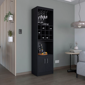 Tall Five Tier Modern <b>Bar</b> Cabinet with Glass Holder Stemware Rack Twelve Bottle Wine Cubbies Pull Out Tray Engineered Wood - Product Image 1