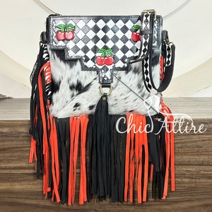 Premium Western Cowhide Fringe Crossbody <b>Bag</b> with Hand Tooled Checkered Leather Cheery Design Luxury <b>Large</b> Capacity <b>Shoulder</b> <b>Bag</b> - Product Image 1