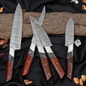 Ensemble de couteaux de cuisine en acier Damas, 5 pièces, couteaux de chef, manche en bois de rose, embout en acier, vente en gros, B2B, fabricant OEM - Product Image 3