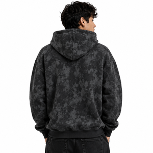 <b>Black</b> Acid Wash <b>Men</b> <b>Hoodies</b> Cotton Fleece Oversized Pullover Embroidered Rose Streetwear Custom Logo Kangaroo Pocket OEM - Product Image 2