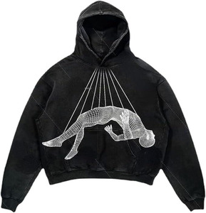Sweat-shirt à capuche oversize en tissu éponge écologique avec motif abstrait, style streetwear décontracté, en mélange de coton premium, imprimé artistique - Product Image 3