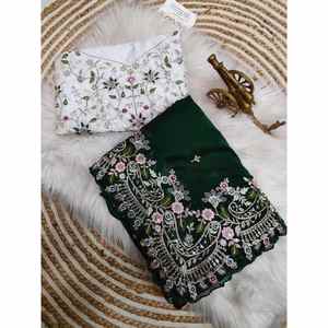 DISEÑADOR RANGOLI HILO DE SEDA BORDADO SECUENCIA TRABAJO SAREE CON BLUSA DESCOSADA VERDE - Product Image 1