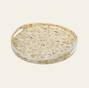 Mother Of Pearl Round Serving Tray With Floral Sunburst <b>Mosaic</b> Inlay Pattern Raised Rim And Side Handles For Dining <b>Table</b> Home - Product Image 1