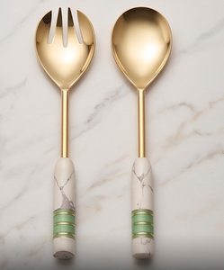 Ensemble de cuillères de service plaquées or, en acier inoxydable avec manche en marbre, design moderne, résistant à la rouille, pour les fêtes et la cuisine - Product Image 1