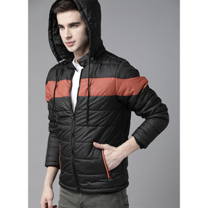 <b>Men's</b> Black Hooded Puffer <b>Jacket</b> Color Blocking Zipper Closure Casual Winter Outerwear Polyester Wadding Regular Fit - Product Image 1