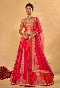 Ensemble Anarkali indien pakistanais rose orangé, ensemble Lehenga brodé, dupatta en filet, tenue de cérémonie festive - Product Image 2