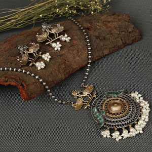 Oxidized Silver Bohemian Peacock Necklace <b>Set</b> Indian Bridal Jewelry Pear Earrings for Wedding Party Anniversary Engagement Gifts - Product Image 1