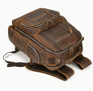 Brown Genuine <b>Leather</b> Backpack Men Casual Daily Use Adjustable Strap Zipper Closure Large Capacity 30-40L Interior Compartment - Product Image 3