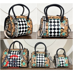 Bolso de Hombro de Cuero Vacuno Repujado a Mano de Primera Calidad 2026, Estilo Occidental con Paneles a Cuadros y Diseño Floral Tallado - Product Image 1