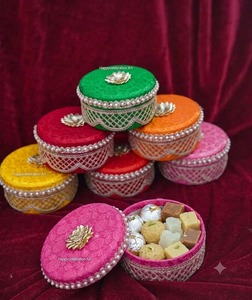 Stainless Steel Ladoo <b>Box</b> with Silk Brocade, Indian <b>Wedding</b> Return Gift, Mithai Container, Pooja Favor, Embroidered <b>box</b> - Product Image 3