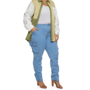 Jeans Cargo Azul Claro de Cintura Alta para Mujer Talla Grande, con Bolsillos, Cierre de Botones, Estilo Casual, Corte Regular, para Primavera - Product Image 1