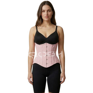Corset gainant rose en coton robuste, à baleines spirales, avec fermeture frontale à busc pour sculpter la taille - Product Image 3
