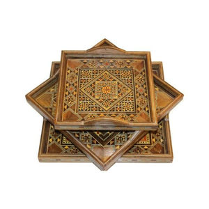 Plateaux de service marocains faits à la main en mosaïque avec incrustations de bois, motif géométrique, décoration d'intérieur, cadeau artisanal - Product Image 1