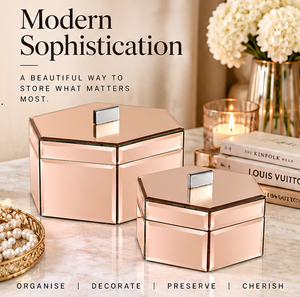 Rose Gold <b>Mirrored</b> Glass <b>Jewelry</b> <b>Storage</b> Box Set with Faceted Design Soft Lining Decorative Keepsake Organizer - Product Image 6