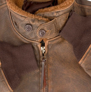 Blouson Aviateur Homme en Cuir Véritable Marron Vieilli Coupe-Vent avec Col Sherpa Zippé Coupe Droite Hiver - Product Image 4