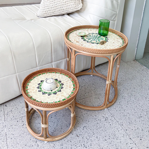 Wholesale Vietnam Handwoven Wicker Shell Inlay Rattan Serving Tray Side <b>Table</b> for Home Decor - Product Image 4