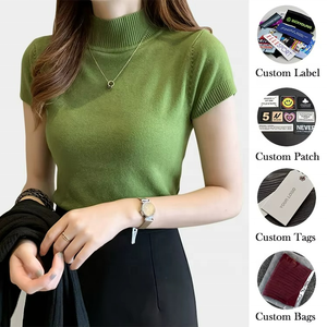 T-shirt pull tricoté moulant à manches courtes pour femme, couleur unie, tricot fin 14GG, personnalisable avec logo – Collection été 2026 - Product Image 5