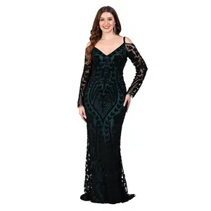 Robe longue de soirée élégante vert foncé à sequins, de luxe, à épaules dénudées, manches longues, ornée à la main, coupe sirène, pour soirée formelle et bal de promo - Product Image 4