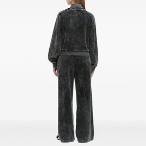 Survêtement gris en velours délavé pour femme, manches longues, col montant, fermeture éclair sur le devant, coupe ample, pantalon large, couleur unie, décontracté, OEM - Product Image 3