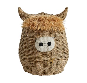 Panier en jonc de mer écologique et durable, fait main, en forme de vache des Highlands, boîte de rangement pour jouets en osier avec couvercle à franges - Product Image 1