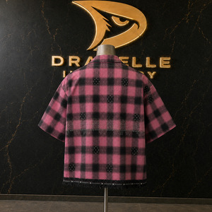 <b>Y2K</b> harajuku OEM Rhinestone Plaid Camp Collar <b>Shirt</b> Custom <b>Y2K</b> Men's Cropped Oversized Boxy Streetwear Button-Up Wholesale - Product Image 2