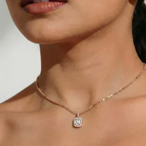 Lab Grown CVD Diamond Pendant Emerald Cut Halo Pendant <b>Necklace</b> Trendy Gold <b>D</b>-E Color VVS-VS Clarity IGI Certified Sale - Product Image 2