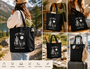 Stay Wild Desert Child <b>Canvas</b> <b>Tote</b> Bag Black Large Customized Closure Top Handle Screen Print Design for Shopping & Travel - Product Image 4